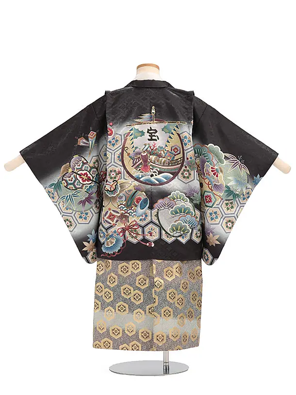 かんたん袴セット(5歳男の子袴) 【刺繍】宝船　黒　