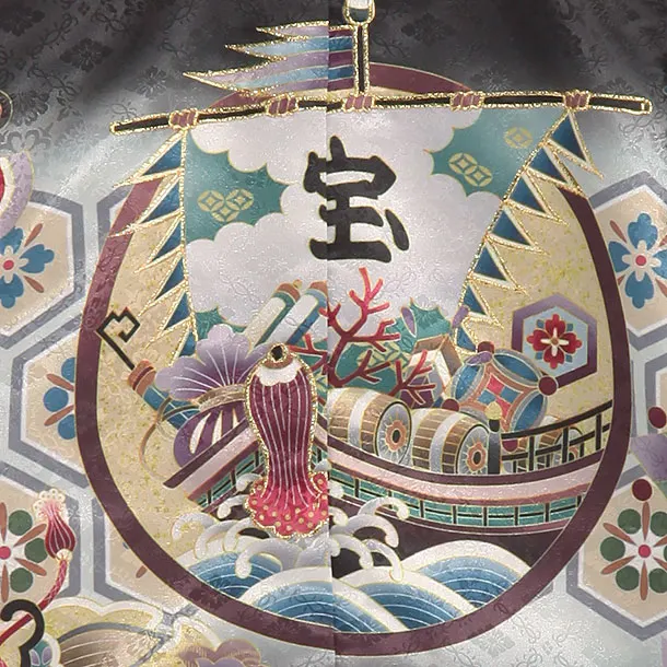 かんたん袴セット(5歳男の子袴) 【刺繍】宝船　黒　