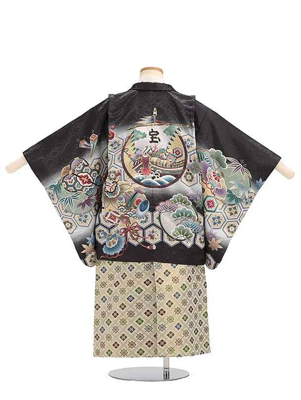 かんたん袴セット(5歳男の子袴)【刺繍】宝船　黒　　