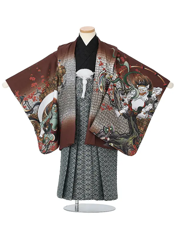【刺?】風神雷神　茶　　着物黒