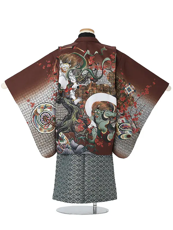 【刺?】風神雷神　茶　　着物黒