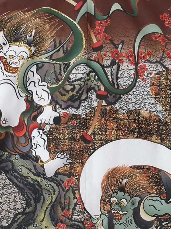 【刺?】風神雷神　茶　　着物黒