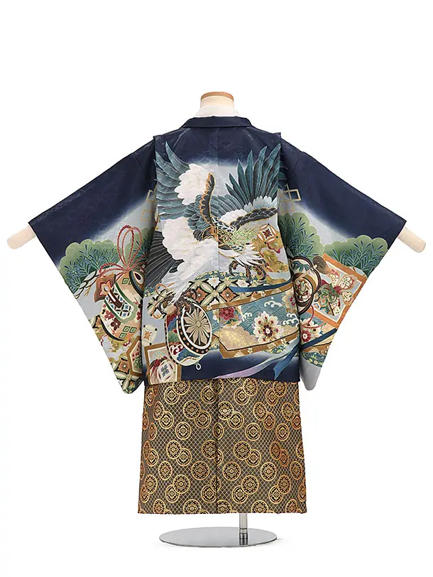 かんたん袴セット(5歳男の子袴) 【刺繍】タカに太鼓　紺　