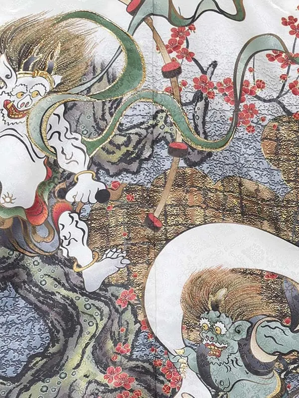 【刺?】風神雷神　白　　着物黒