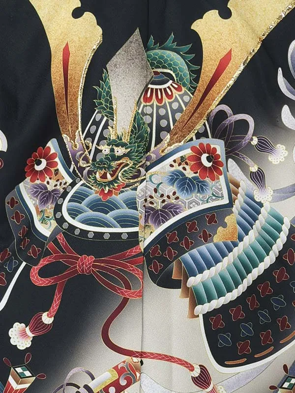 【刺?】カブトに乱菊　黒　　着物白