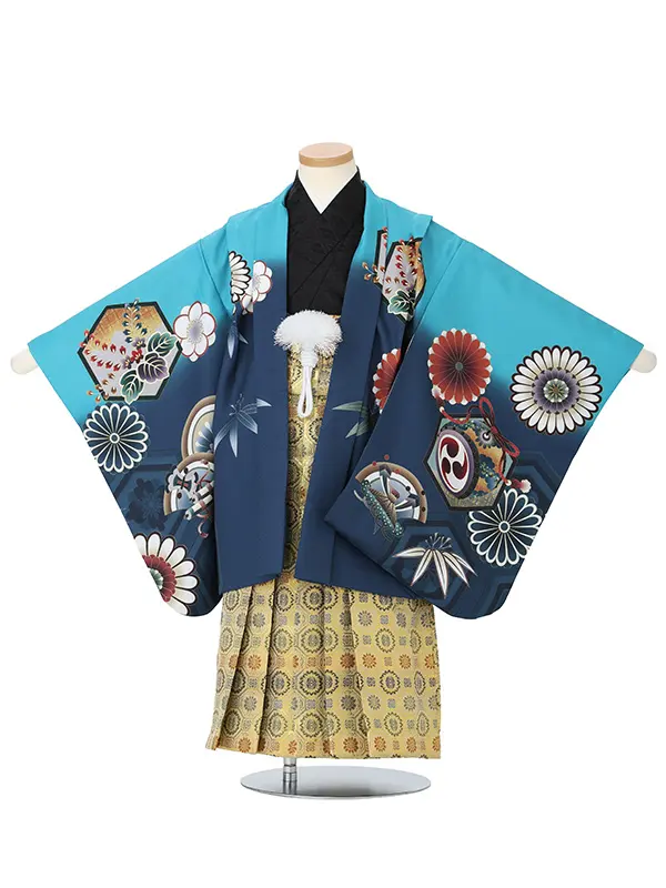 【刺?】タカにカブト　エメラルドグリーン　　着物黒