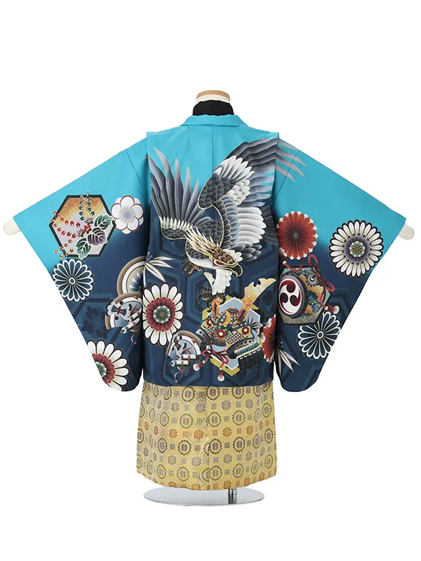 【刺?】タカにカブト　エメラルドグリーン　　着物黒