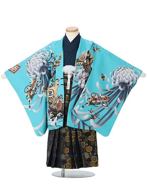 【刺?】カブトに乱菊　エメラルドグリーン　　着物紺