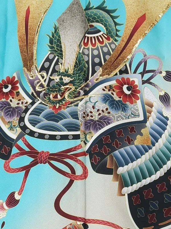 【刺?】カブトに乱菊　エメラルドグリーン　　着物紺