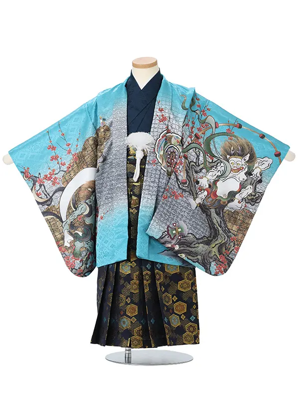 【刺?】風神雷神 エメラルドグリーン　着物紺