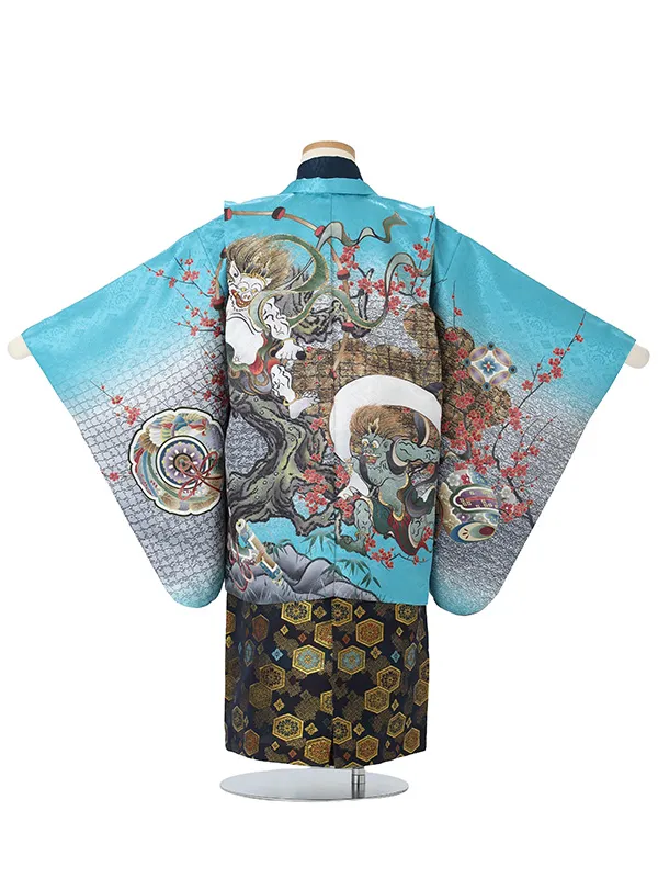 【刺?】風神雷神 エメラルドグリーン　着物紺