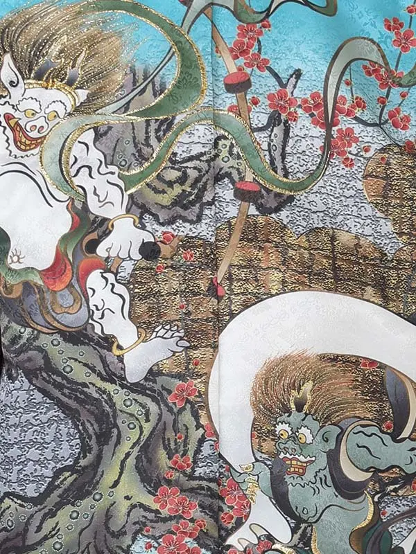 【刺?】風神雷神 エメラルドグリーン　着物紺
