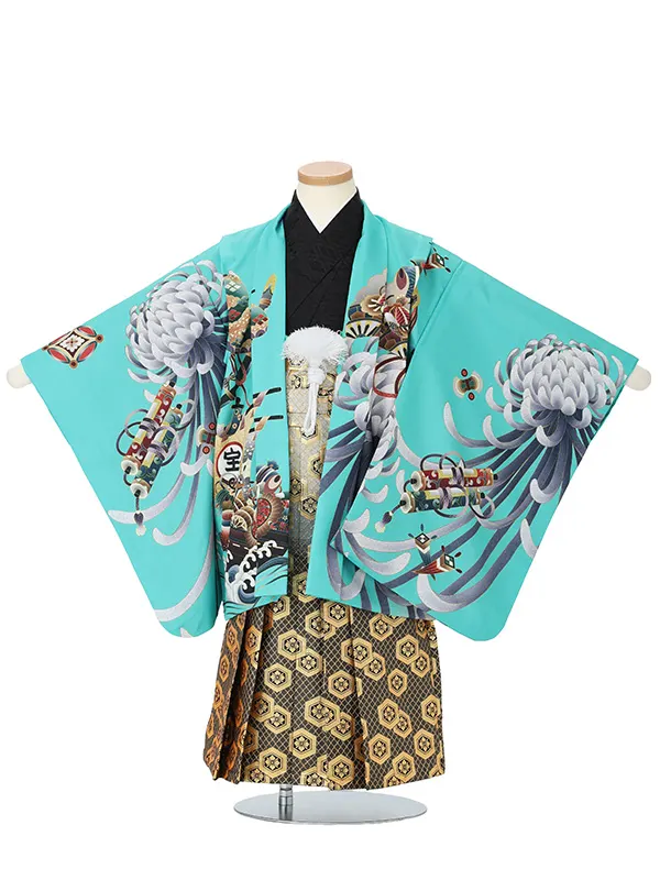 【刺?】カブトに亀甲　エメラルドグリーン　　着物黒
