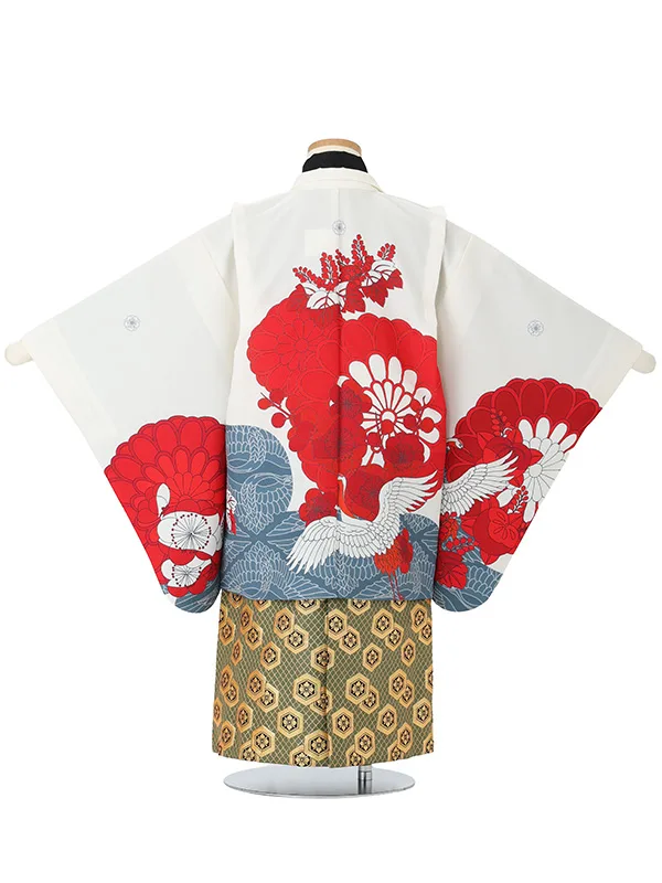 菊に鶴　白　　着物黒
