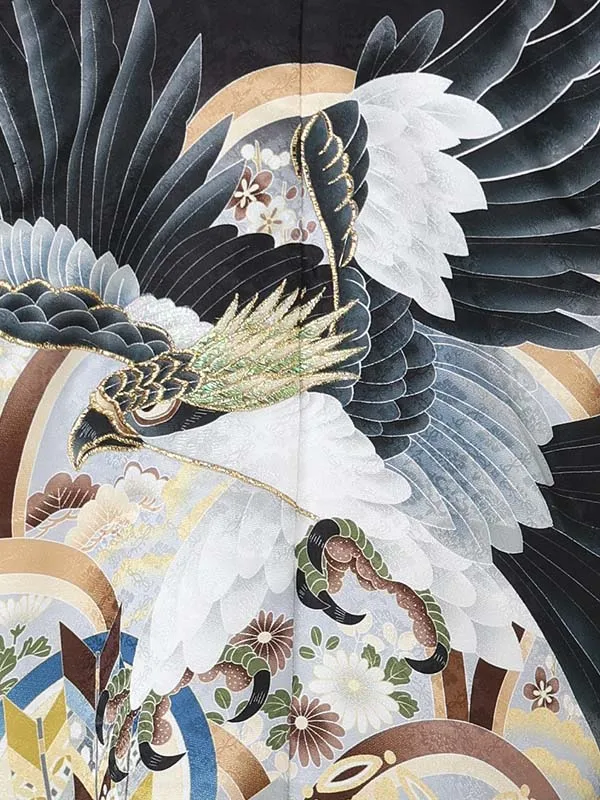 【刺?】タカに丸紋　黒　　着物白