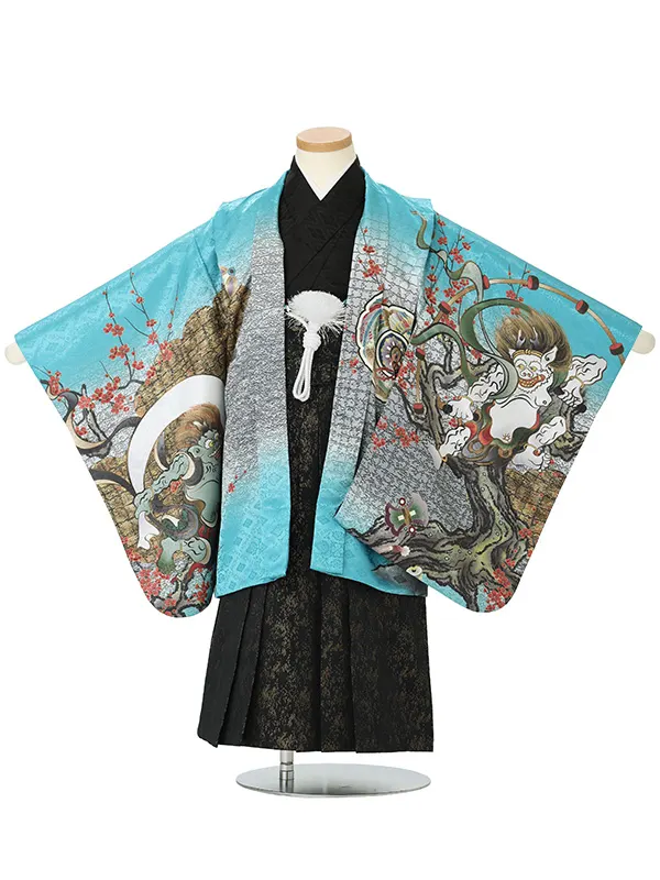 【刺?】風神雷神　エメラルドグリーン　　着物黒