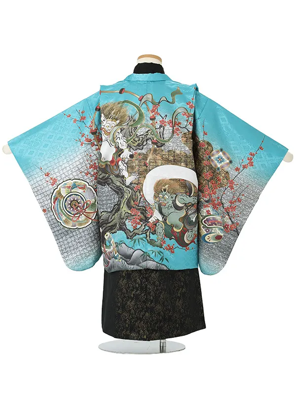 【刺?】風神雷神　エメラルドグリーン　　着物黒