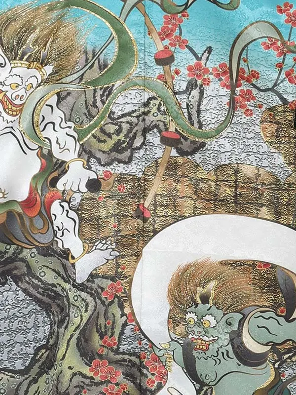 【刺?】風神雷神　エメラルドグリーン　　着物黒