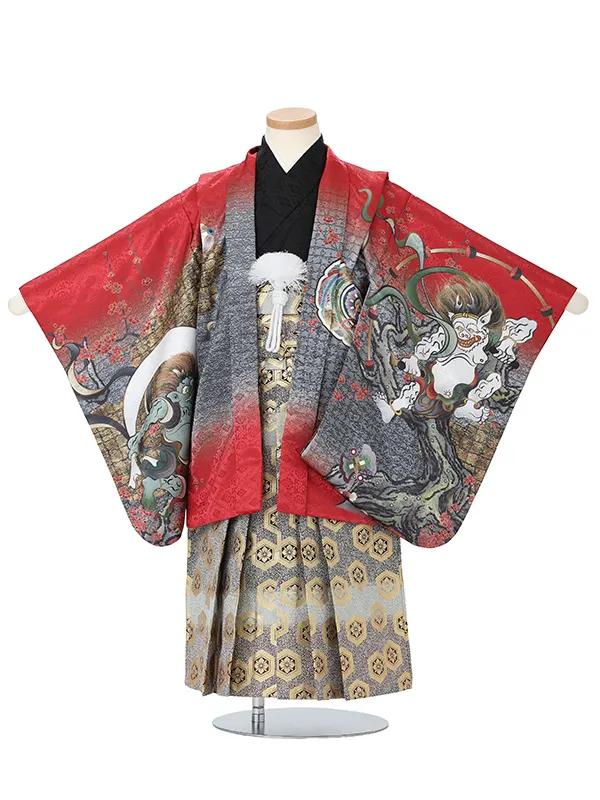 【刺?】風神雷神　赤　　着物黒