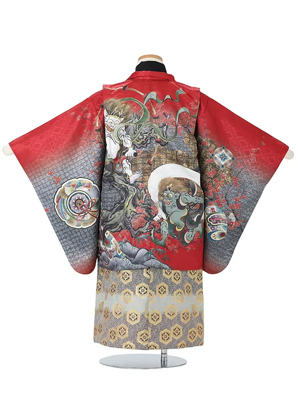 【刺?】風神雷神　赤　　着物黒