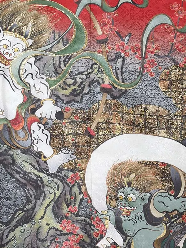 【刺?】風神雷神　赤　　着物黒