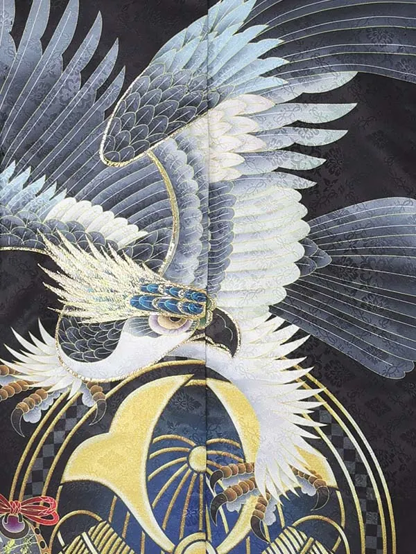 【刺?】タカに太鼓　黒　　着物白