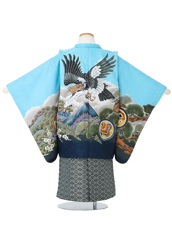 タカに富士山　ブルー　　着物白