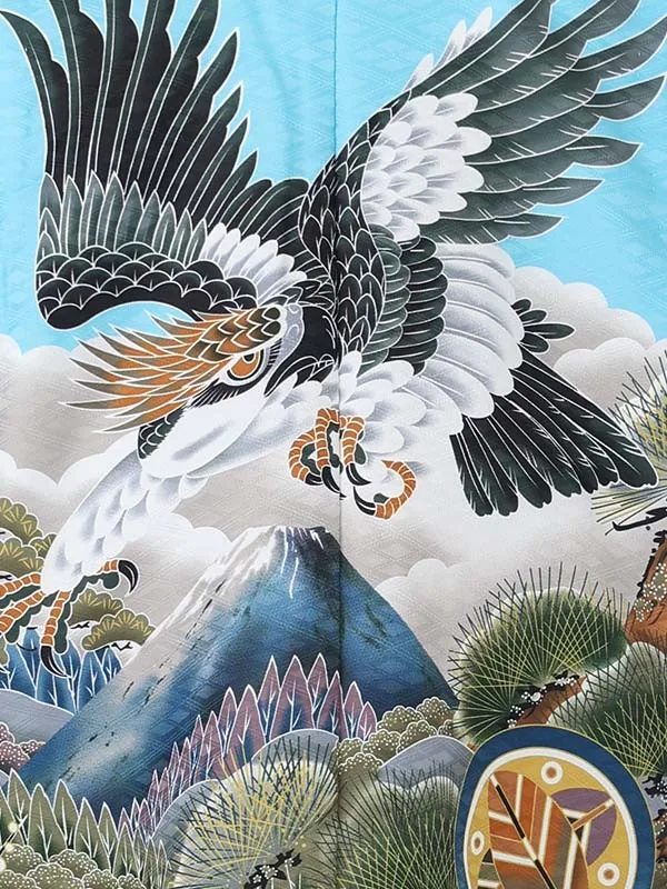 タカに富士山　ブルー　　着物白