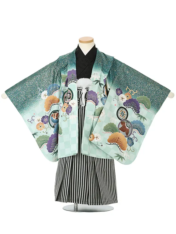 カブトに市松　グリーン　　着物黒