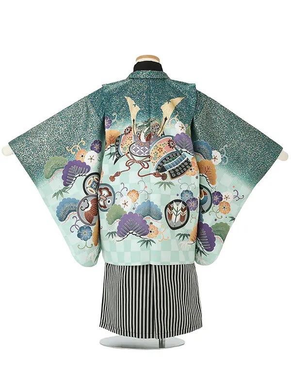 カブトに市松　グリーン　　着物黒