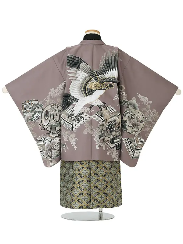 【刺?】タカに菱カブト　モカ　　着物黒