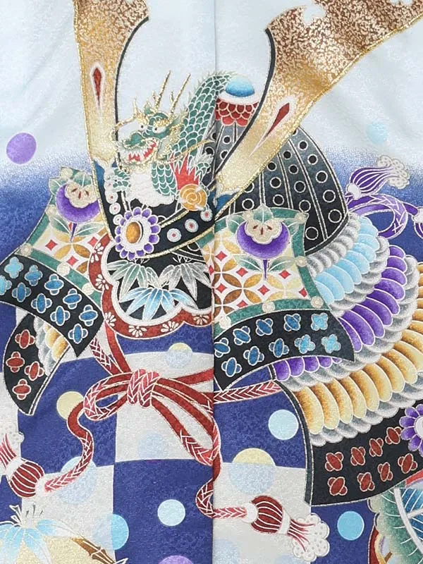 【刺?】カブトに水玉　ブルー　　着物紺