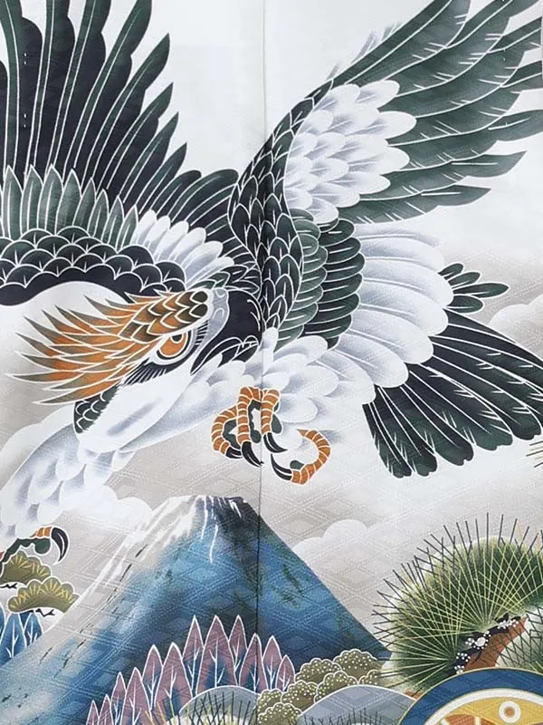 タカに富士山　白　　着物黒