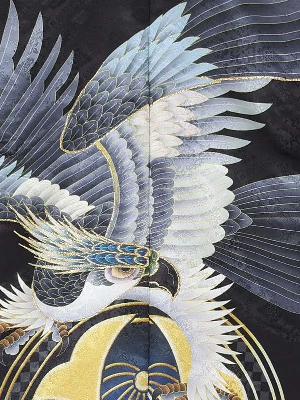 【刺?】タカに太鼓　黒　　着物白