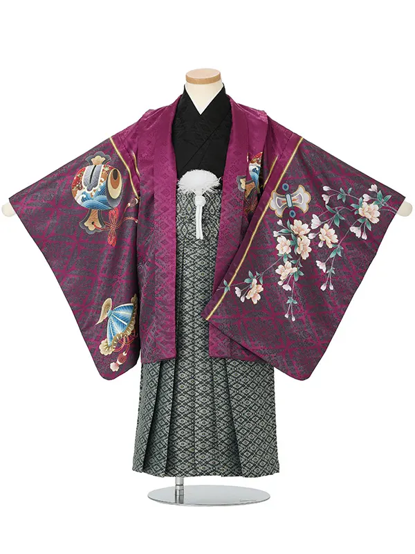 【刺?】タカに太鼓　紫　　着物黒