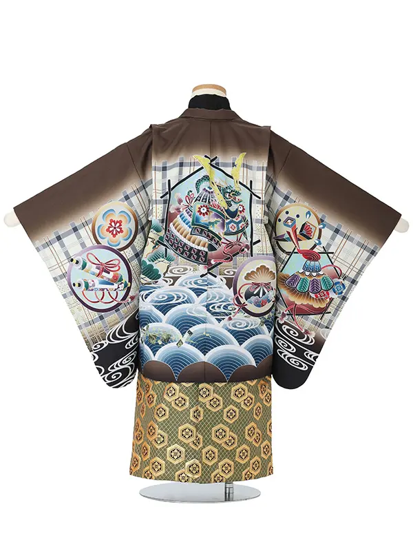 【刺?】カブト格子　茶　　着物黒