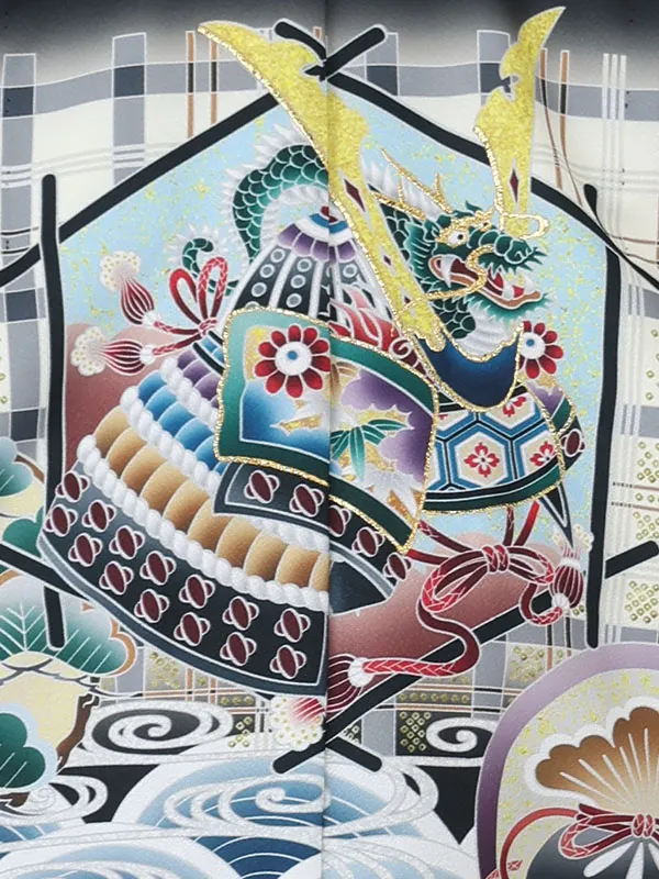 【刺?】カブト格子　黒　　着物白