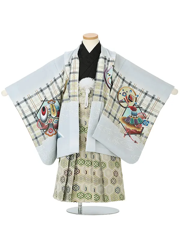 【刺?】カブト格子　グレー　　着物黒