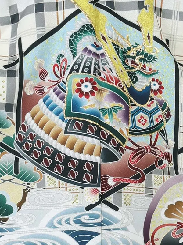 【刺?】カブト格子　グレー　　着物黒