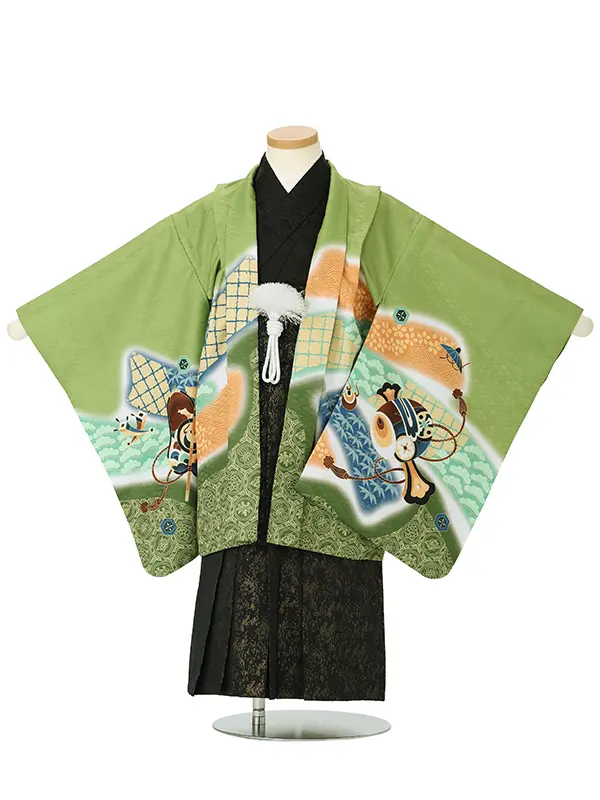 【刺?】タカに鼓　グリーン　　着物黒