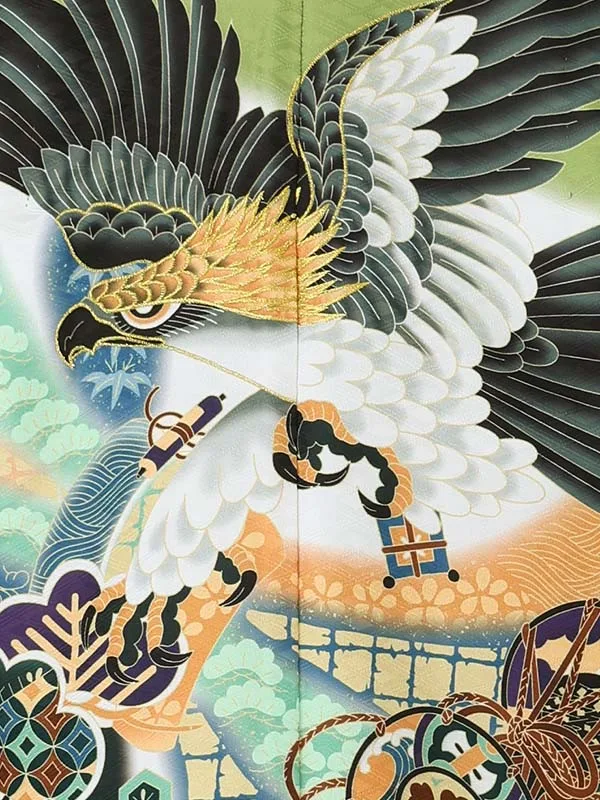 【刺?】タカに鼓　グリーン　　着物黒