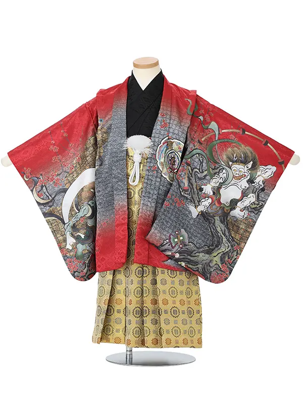 【刺?】風神雷神　エンジ　　着物黒