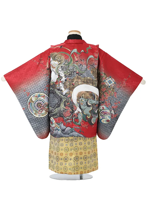 【刺?】風神雷神　エンジ　　着物黒