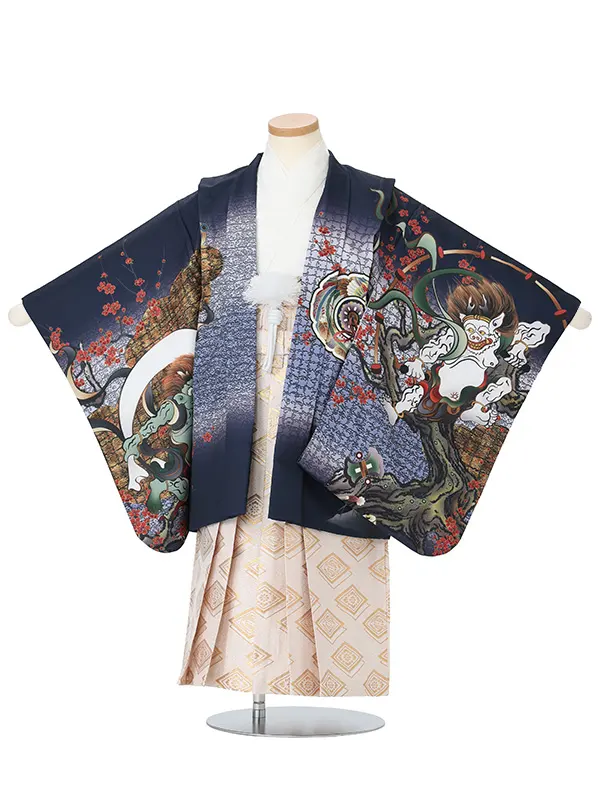 【刺?】風神雷神　紺　　着物白