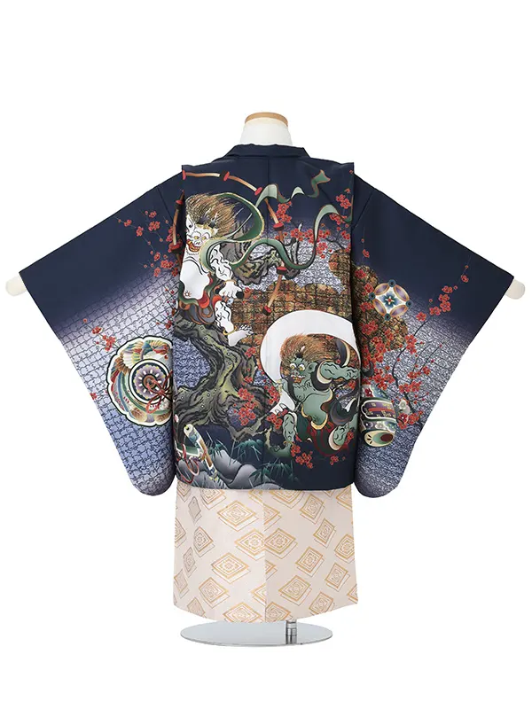 【刺?】風神雷神　紺　　着物白