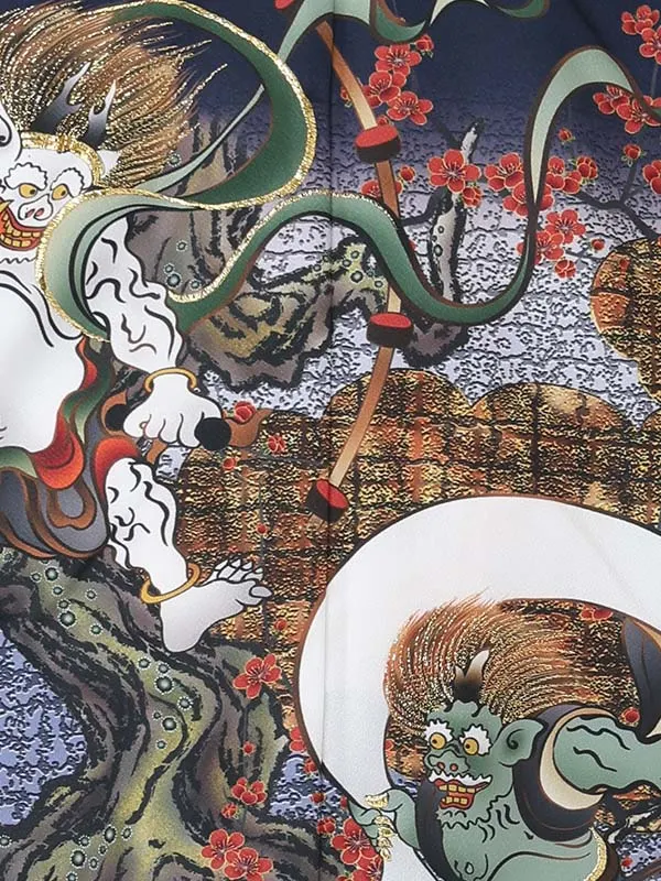 【刺?】風神雷神　紺　　着物白