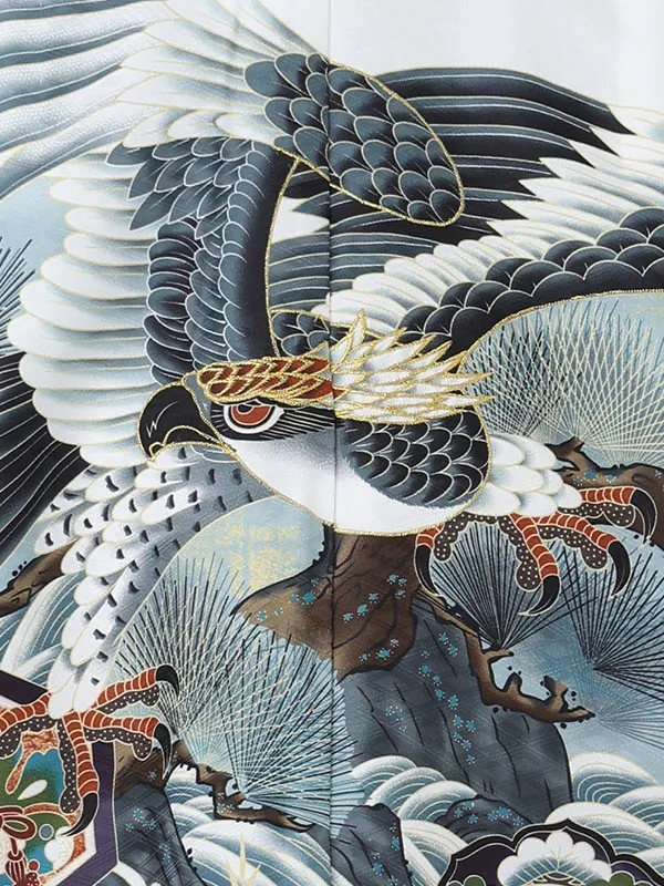 【刺?】タカに鏡　白　　着物黒