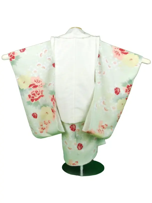 ３才女児被布　白サテン　グレー洋花