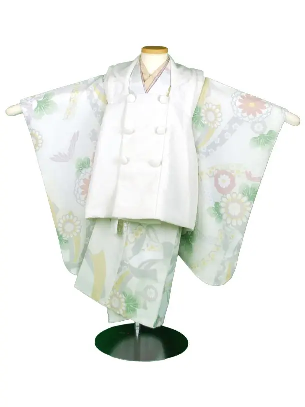 ３才女児被布　白サテン　オフ洋花