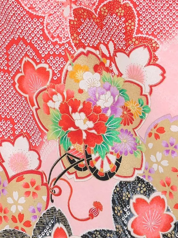 【絵羽】【刺繍】花丸ピンク　疋田風花車赤